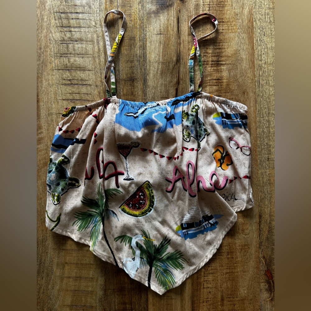 True Destinations beach cover up crop top Tropical Print Spaghetti Strap Top